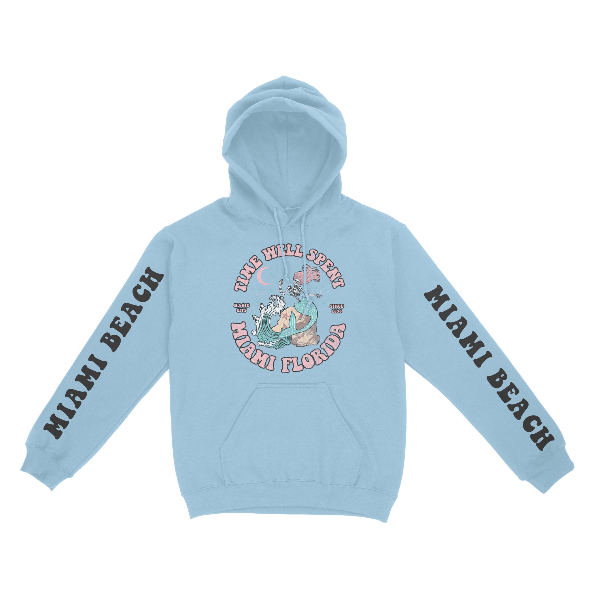 Miami Mermaid Skeleton Hoodie in LIght Blue - front view with sleeves