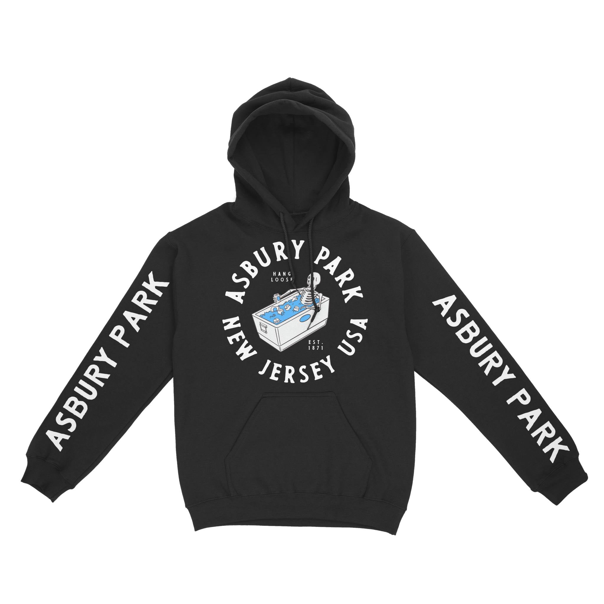 Asbury Park Skull Cooler Hoodie in Black - front with sleeves view