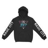 Miami Triangle Palm Hoodie in Black - front view with sleeves