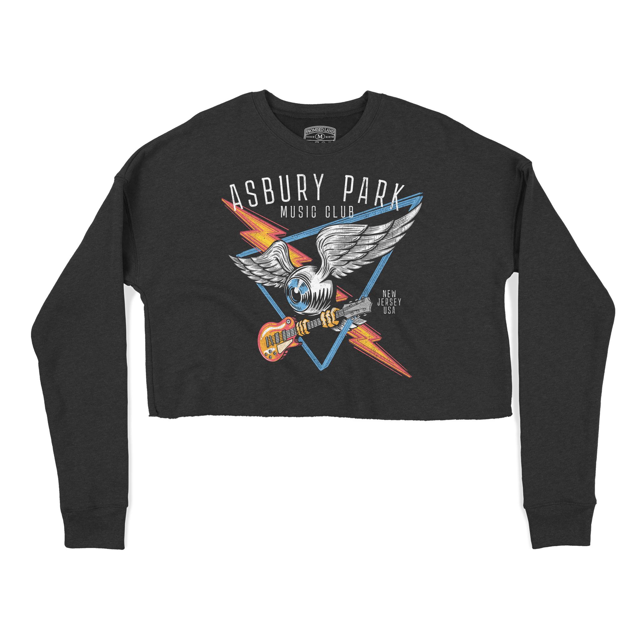 Asbury Park Winged Guitar Music Club Cropped Crew in Black - front view