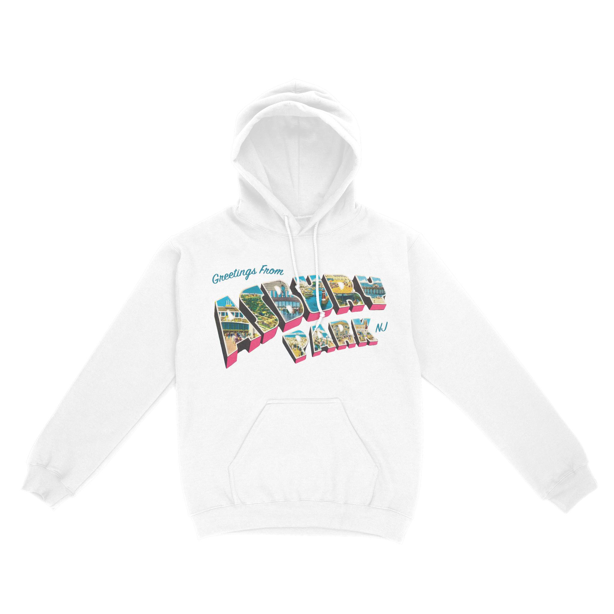 Asbury Park Greetings Postcard Hoodie in White - front view