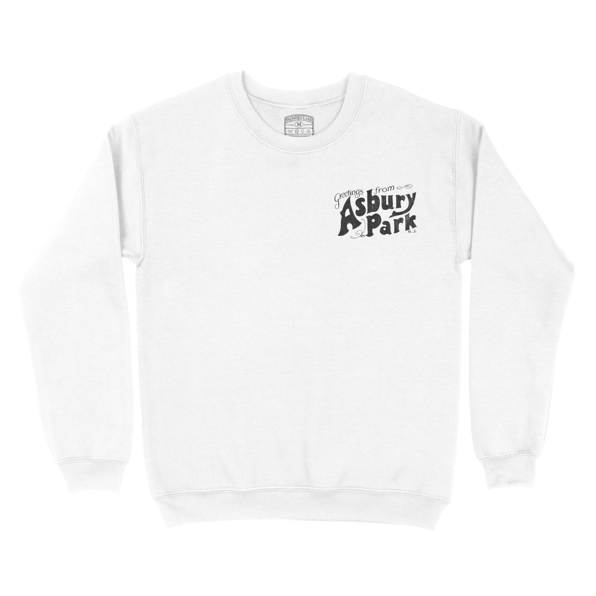 Asbury Park Greetings Script Crewneck in White - front view