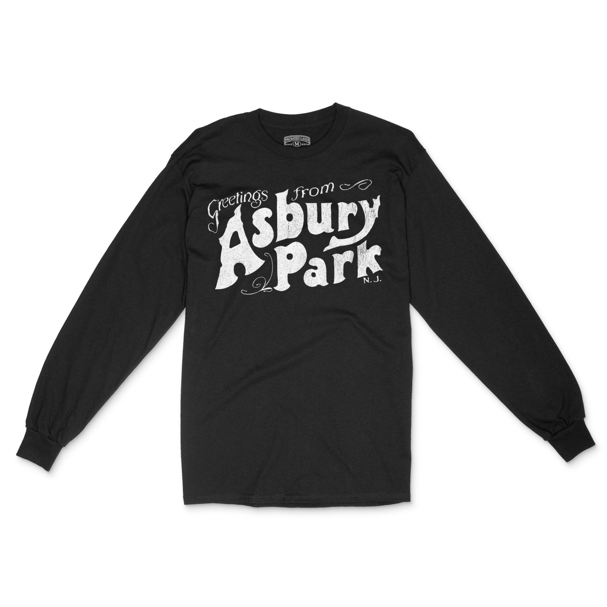 Asbury Park Greetings Script Longsleeve in Black - front view