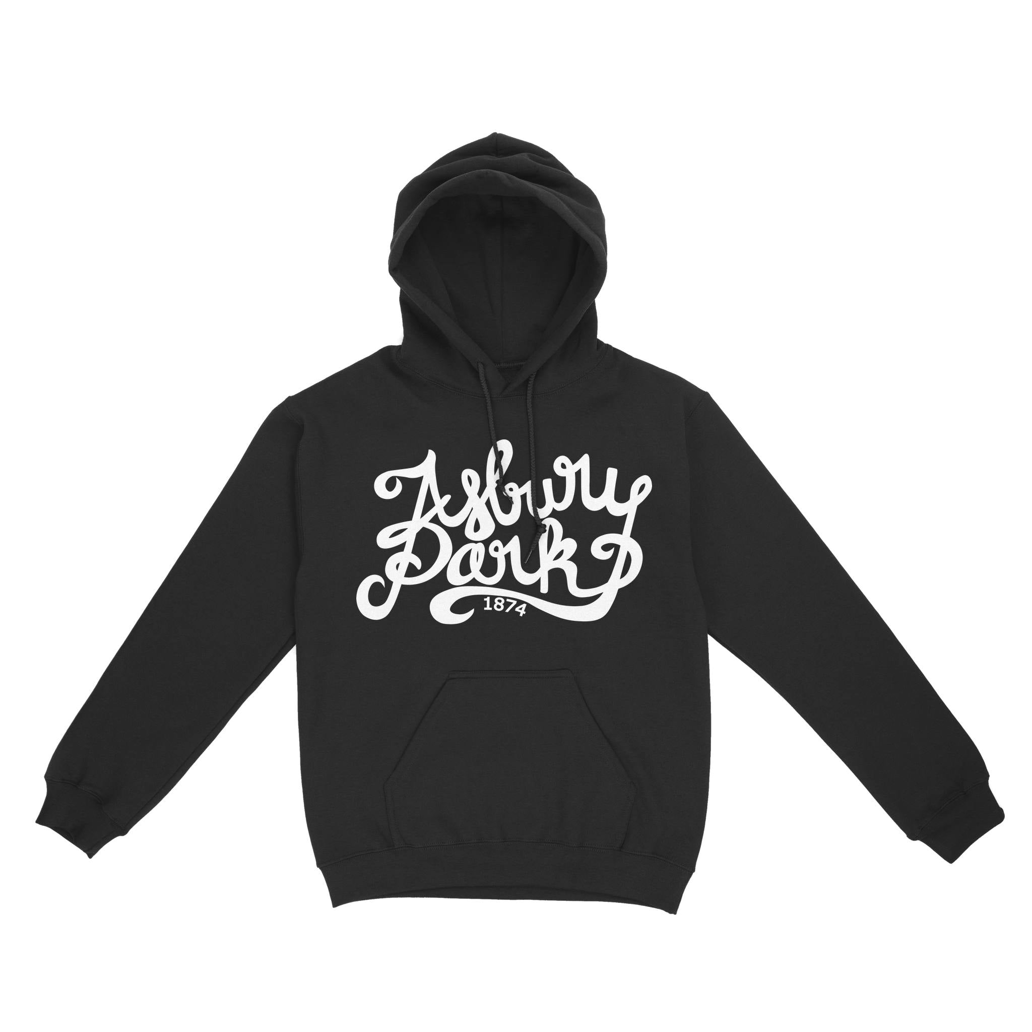 Asbury Park Script 1874 Hoodie in Black - front view