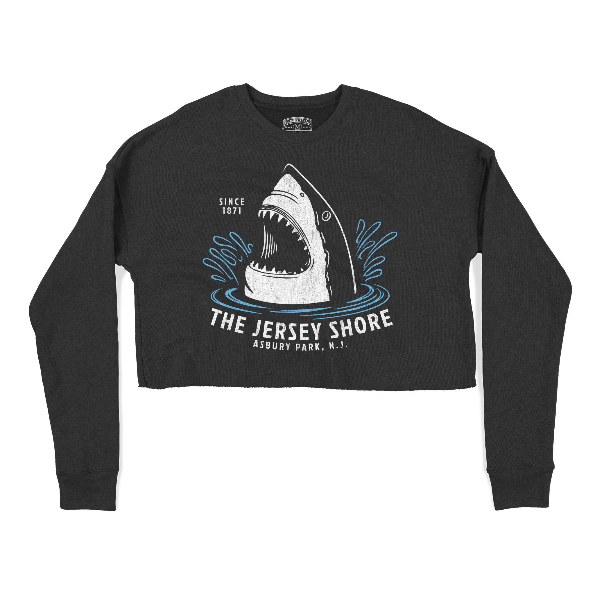 Asbury Park Jersey Shore Shark Cropped Crew in Black - front view