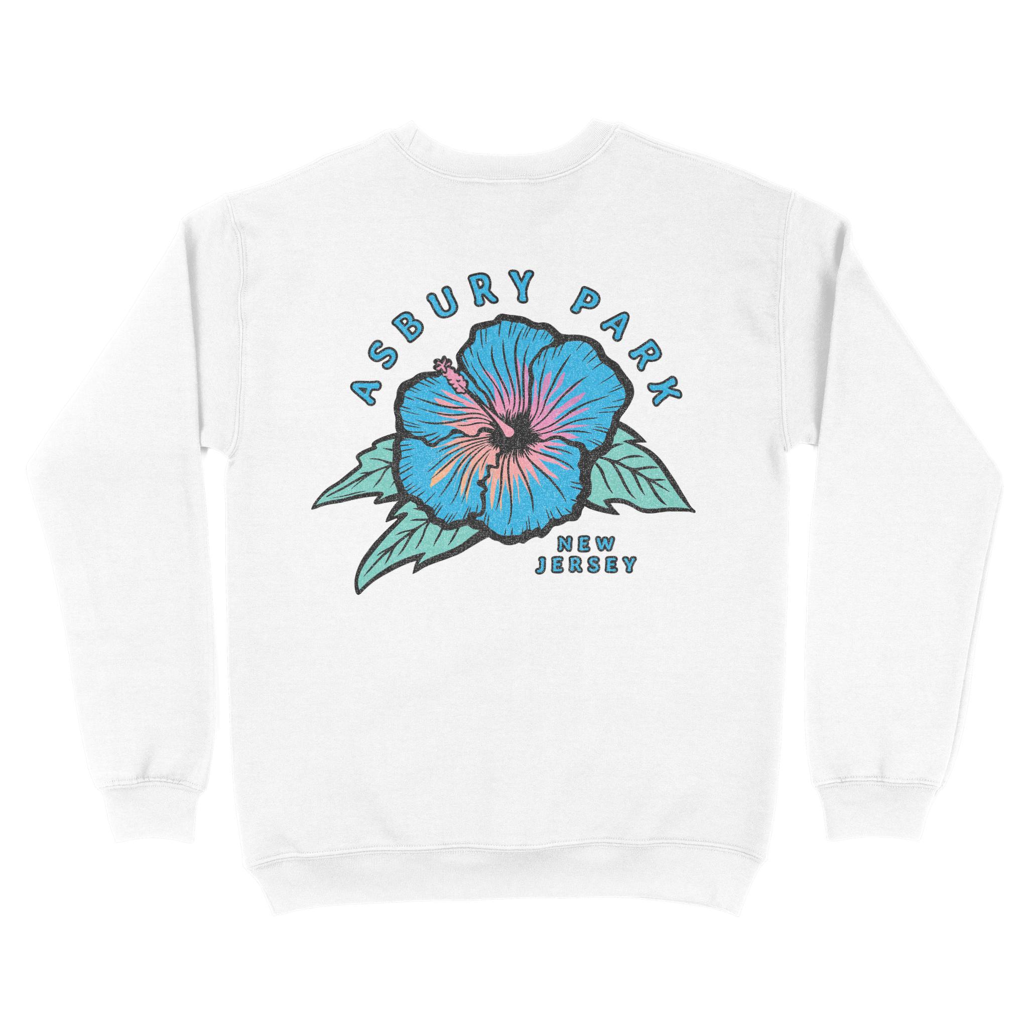 Asbury Park Hibiscus Blue Crewneck in White - back view