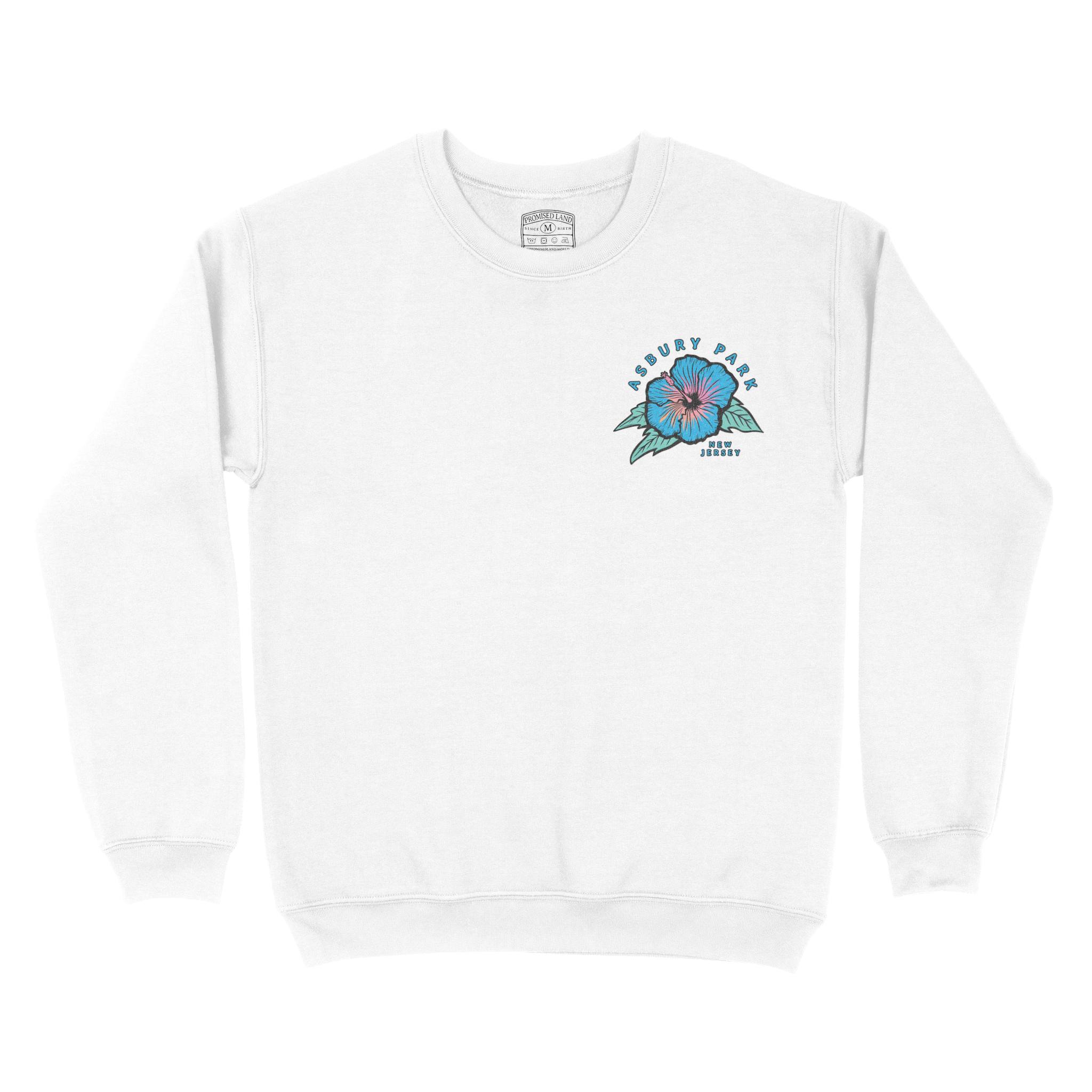 Asbury Park Hibiscus Blue Crewneck in White - front view