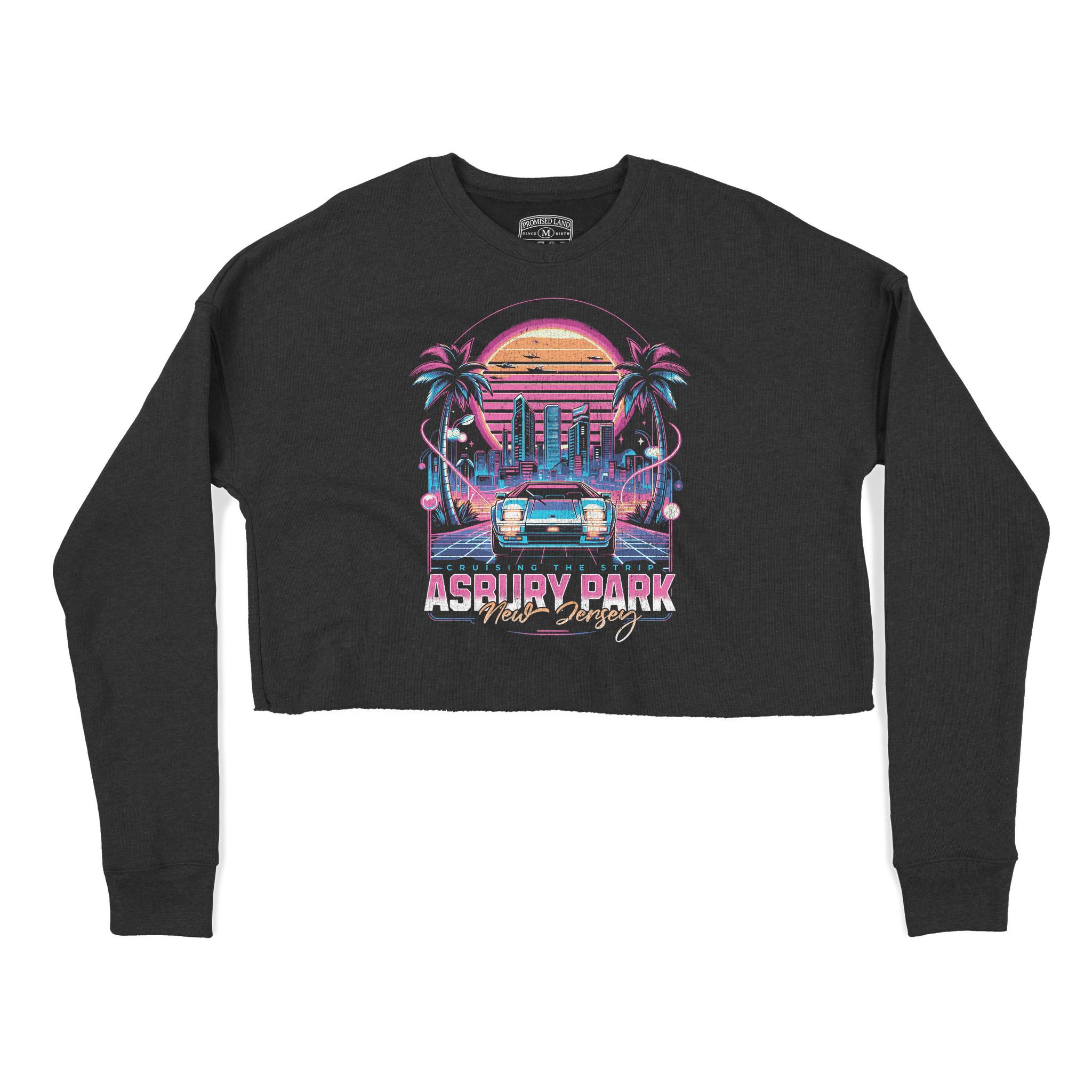 Asbury Park Synthwave Drive Cropped Crew in Black - front view
