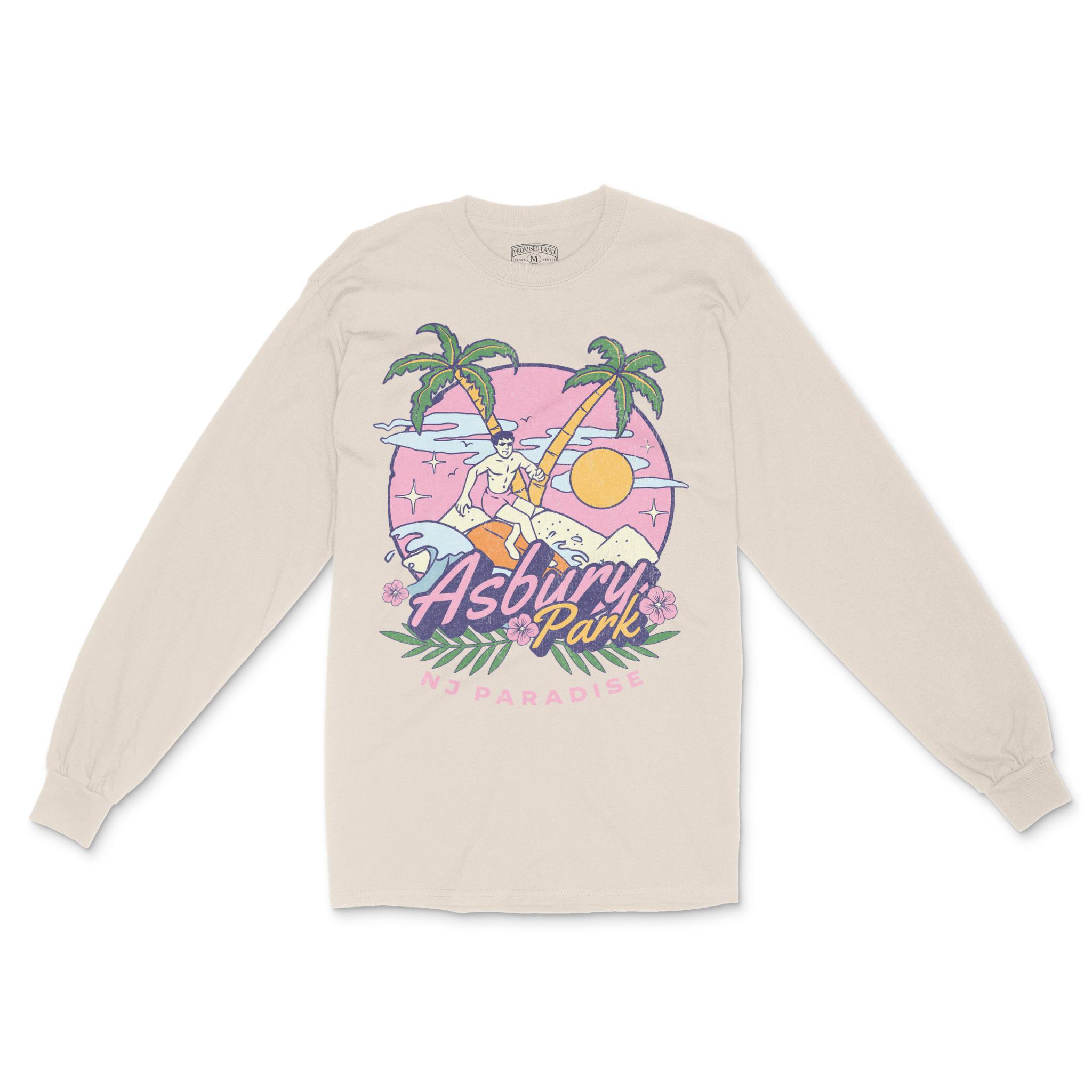 Asbury Park NJ Paradise Surfer Longsleeve in Natural - front view