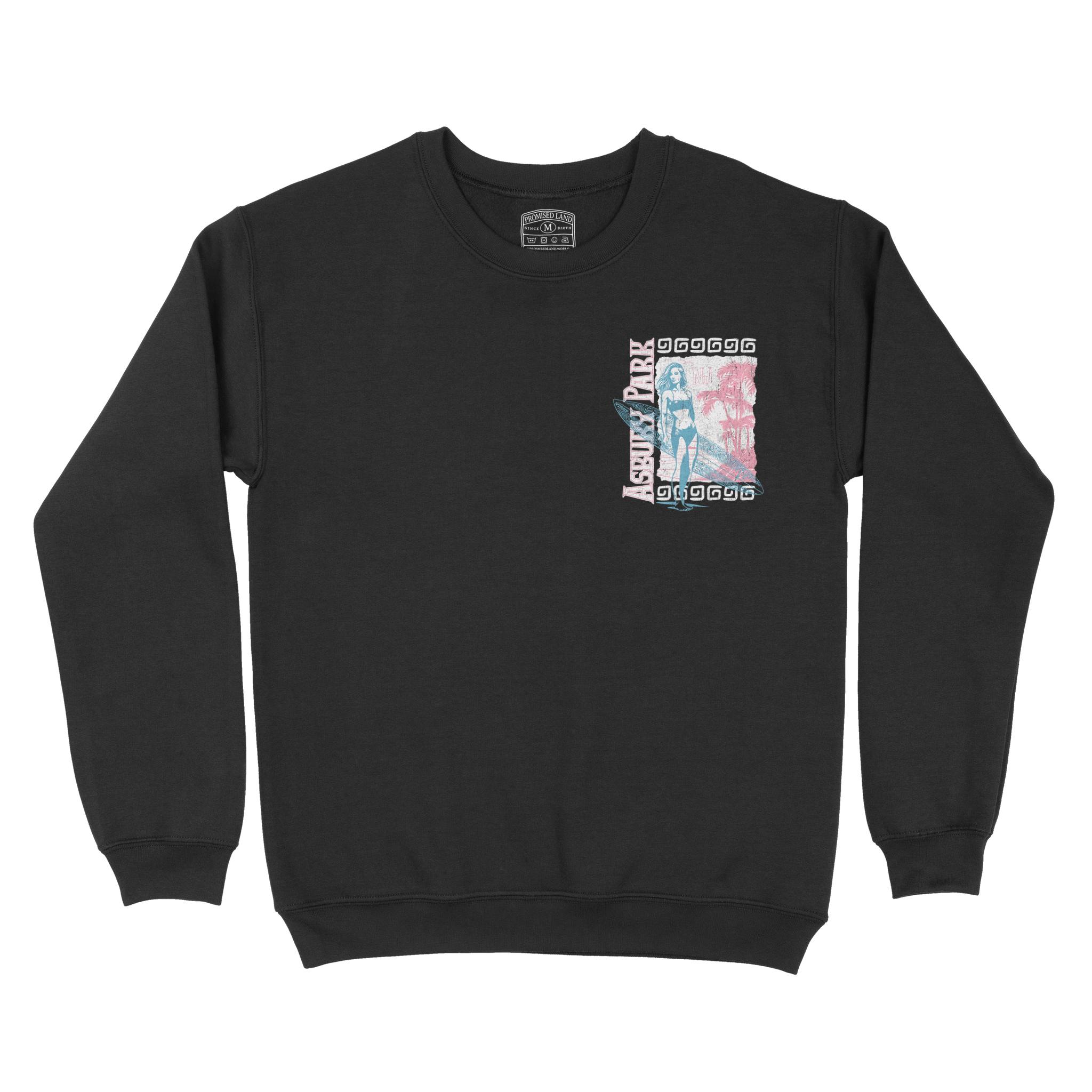 Asbury Park Pinup Palms Crewneck in Black - front view