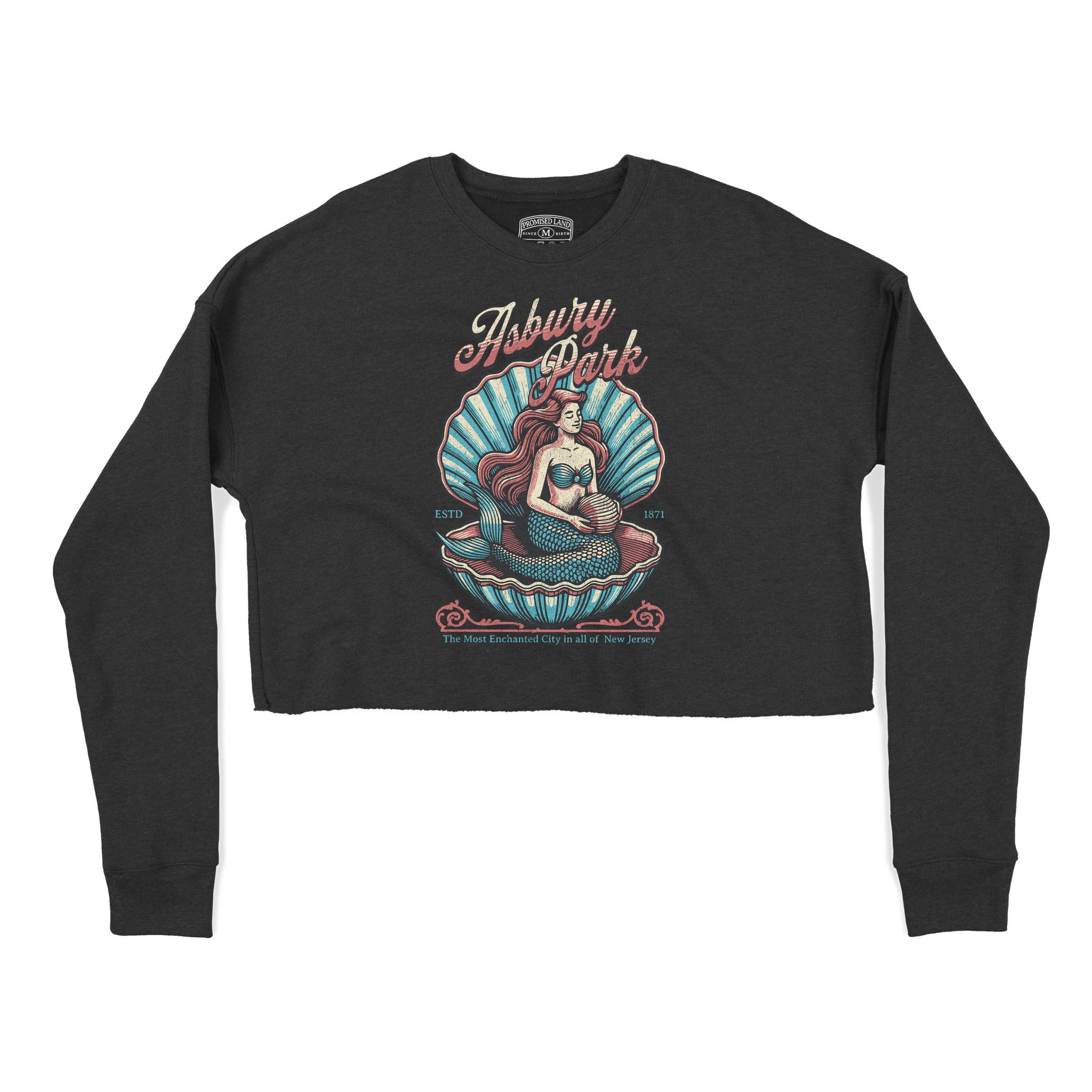 Asbury Park Shell Siren Cropped Crew in Black - front view