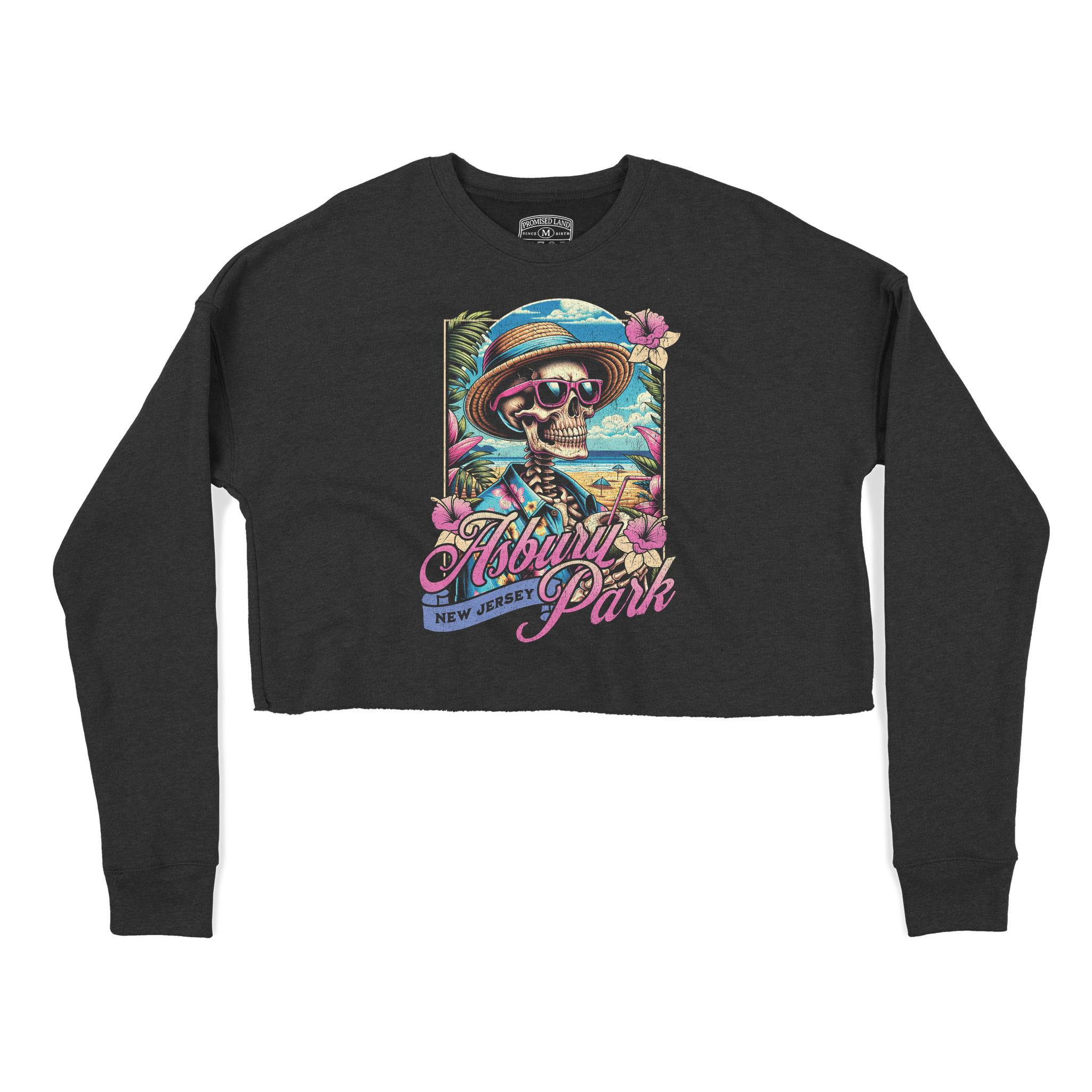 Asbury Park Surf Skeleton Cropped Crew in Black - front view