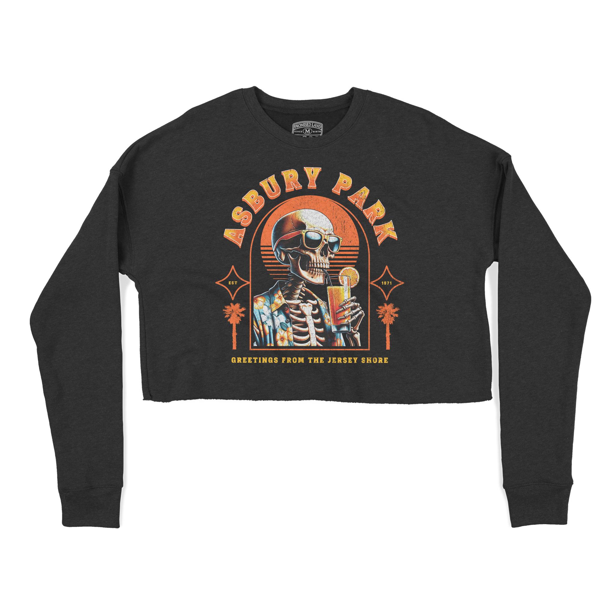 Asbury Park Cocktail Skeleton Cropped Crew in Black - front view