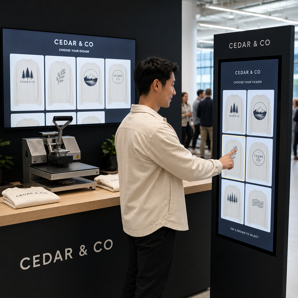 Guest selecting a design on the touchscreen kiosk