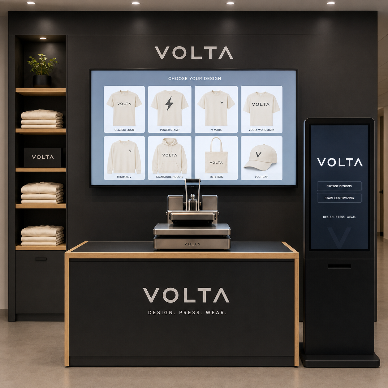 Branded live printing station with design display and touchscreen kiosk