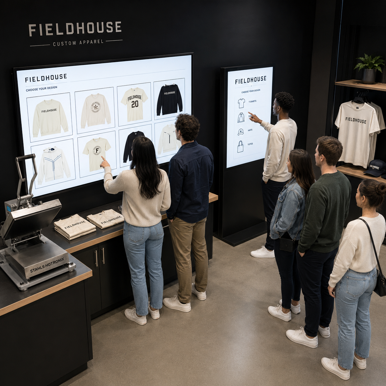 Guests choosing from a wall of design options